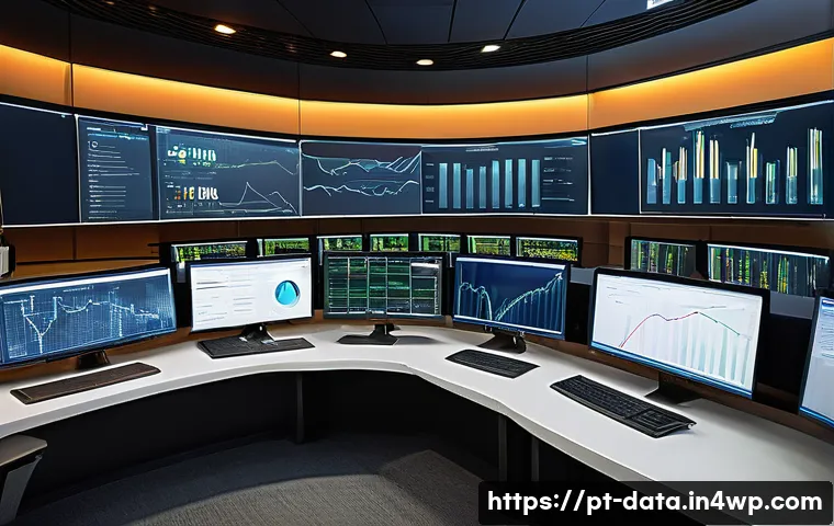 그래프 데이터베이스의 성능 모니터링 방법 - A high-tech control room with large digital dashboards displaying real-time graph database metrics s...