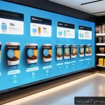 Home 20 그래프 데이터베이스를 통한 제품 관계 분석 - A modern retail store interior showcasing an interactive digital graph visualization on large transp...